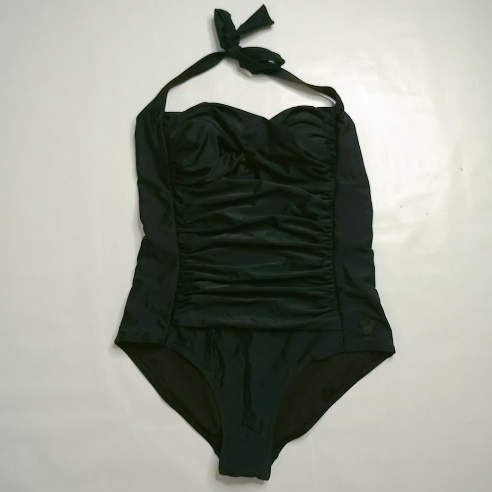Disney Parks Women's Black Ruched One Piece Tie Neck Swimsuit Medium